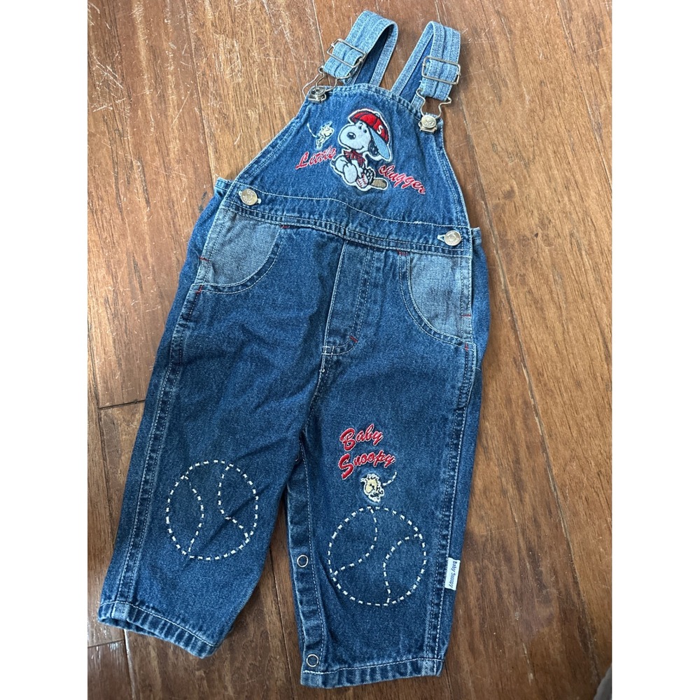 Baby Snoopy Denim Overalls Little Slugger Baseball Cotton 6-9 Months Vintage